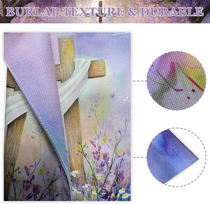 Easter Garden Flag 12x18 Inch Double Sided, Christian Cross Religious Happy Easter Decor, Burlap Small Spring Yard Banner for Outside Seasonal Holiday Decoration