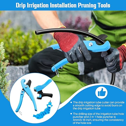 Feekoon Irrigation Drip Tools with Barbed Connectors, 2-in-1 Drip System Punch Tool for 1/4" Fitting, 16 20 25mm PE Pipe & Emitter; Ideal for Garden & DIY Watering System(Blue,345 Irrigation Plugs)