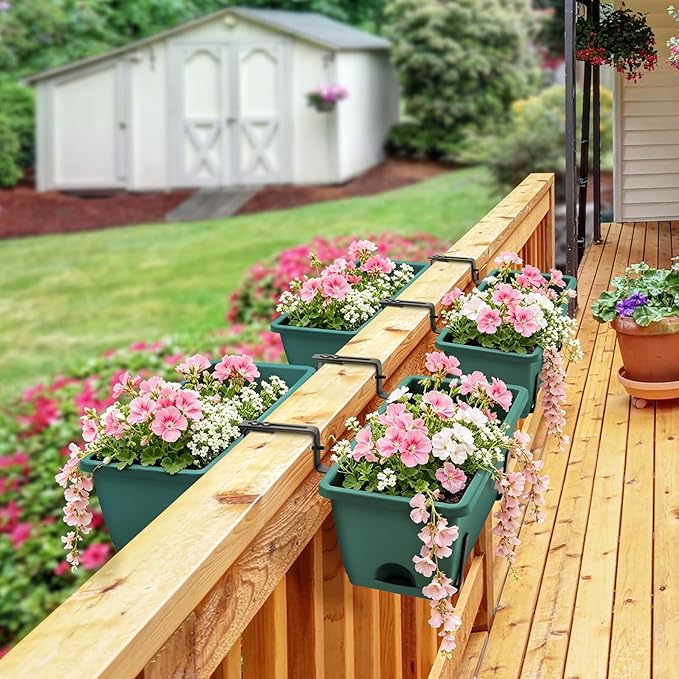 Sunexinlo 4-Pack Railing Planter Boxes with Double-Sided Adjustable Brackets, Plastic Rectangular Flower Boxes with Drainage Holes and Trays for Outdoor Balcony, Deck, Patio, Porch, Fence, Green