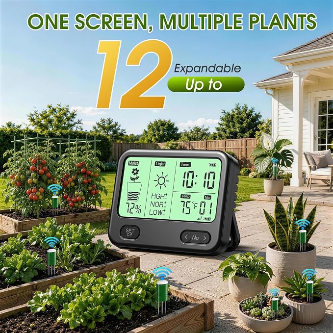 Soil Moisture Meter for Plants,4-in-1 Wireless Soil Tester,Soil Thermometer/Moisture/Sunlight Time,Large Screen,Indoor/Outdoor Plant Water Meter,Garden Soil Test Kit for Lawn,Farm,Houseplants