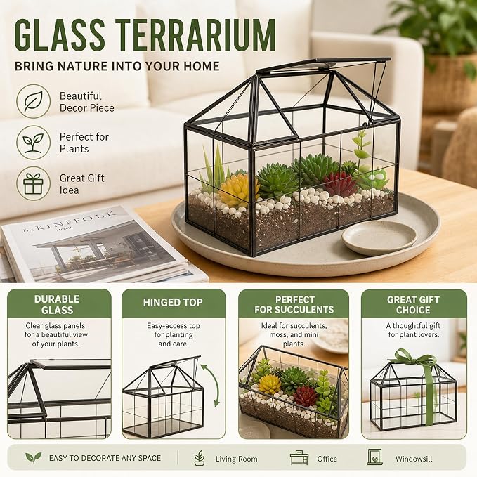 Ferrisland Glass Terrarium Greenhouse House Shape Display Box Planter for Succulents Plant Terrarium Container Mordern Tabletop Decor Gardern DIY Kit