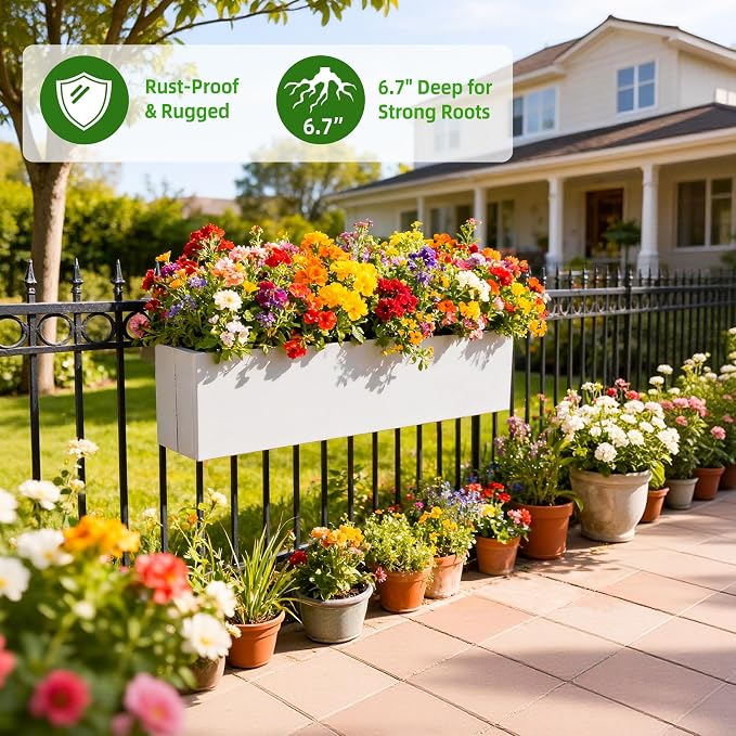 Metal Railing Planter Box, 30 Inch Balcony Planters with Adjustable Brackets, Large Hanging Planters for Outdoor Fence Deck