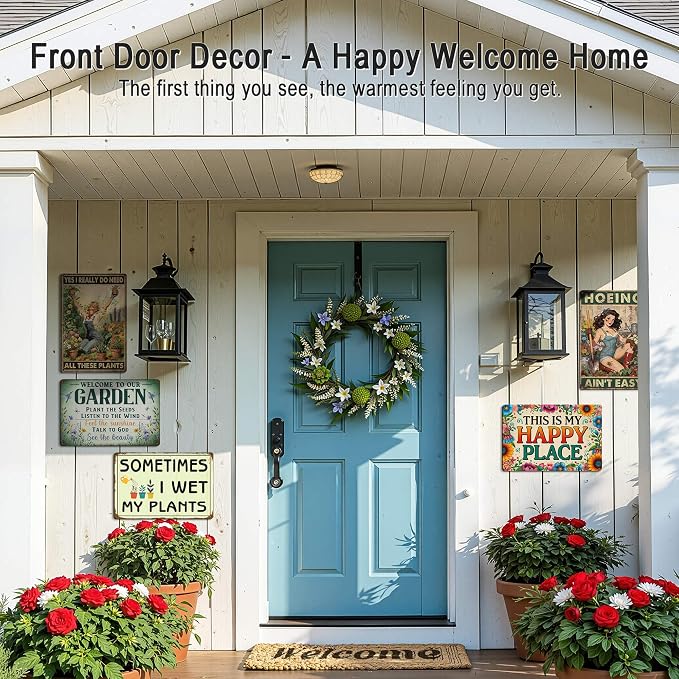 Garden Decor Welcome Sign for Patio She Shed Decor - Outdoor Wall Decor Art Garden Signs, This Is My Happy Place Welcome Door Sign 12x8 Inch