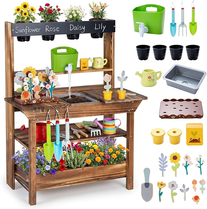 HONEY JOY Mud Kitchen, Fir Wood Kids Potting Bench Table, Removable Sink, 4 Planting Cups, Accessories, Outdoor Play Kitchen for Toddlers, Garden Time Mud Kitchen for Kids Outdoor Backyard