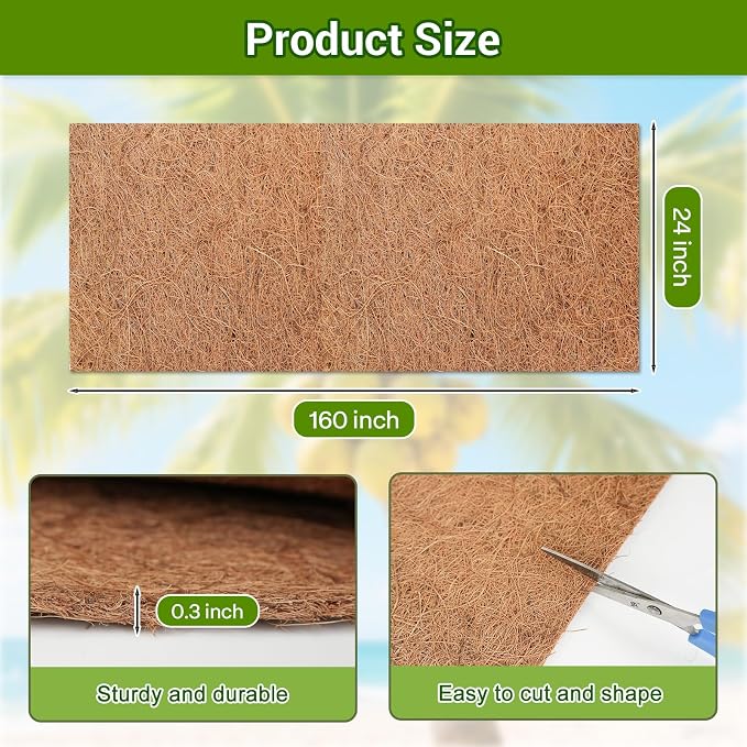 Coco Liner Roll 24x160 Inch, Natural Coconut Liners for Planter Flower Basket, Thick Coco Fiber Mat for Hanging Basket, Garden Decoration, Animal Pet Pads, Reptile Carpet