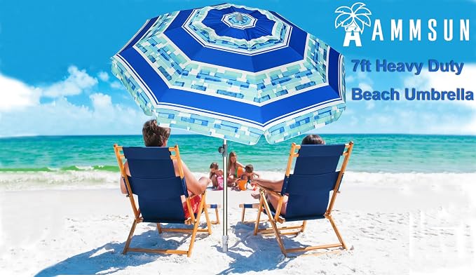 AMMSUN 7ft Heavy Duty Windproof Portable Beach Umbrella with Sand Anchor Vent Adjustable Height with Tilt Aluminum Pole, Portable UV 50+ Protection Carry Bag for Patio Garden Beach Pool Backyard