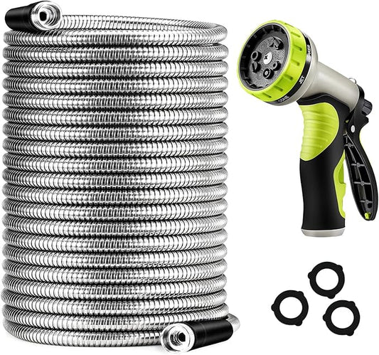 15FT Hose, 304 Stainless Steel Garden Hose Metal, Heavy Duty Water Pipe with Nozzles for Yard, Outdoor，Never Kink & Tangle