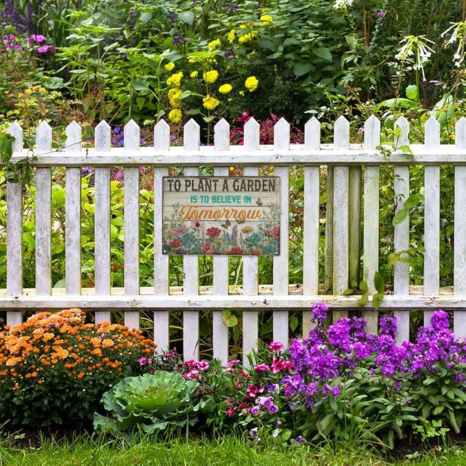 Vintage Garden Sign – 'To Plant a Garden Is to Believe in Tomorrow' | 12x8″ Inspirational Metal Garden Decor for Outside, Gardening Gifts for Women & Mom, Plant Lover Gifts, 2683