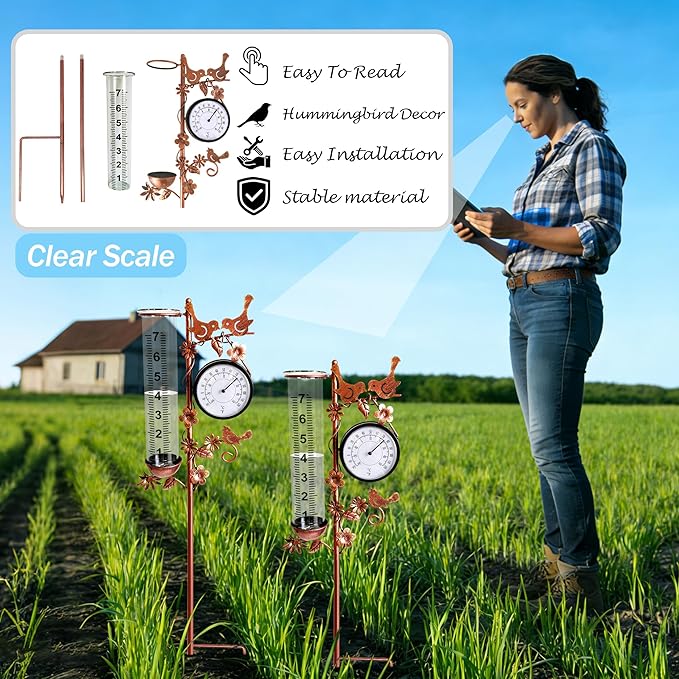 Accurate Rain Gauge with Thermometer, 7" Rain Gauges Outdoors Best Rated, Freeze Proof & Weatherproof, Large Rain Gauge Outdoor Decorative for Yard Lawn Garden(Hummingbird & Flower)