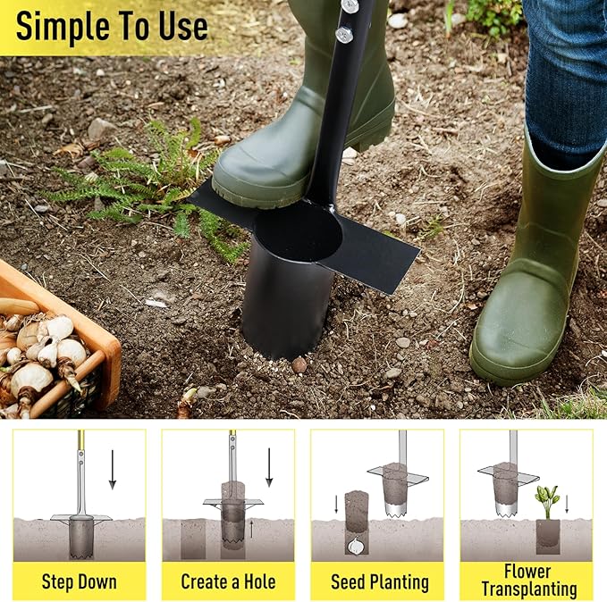 Jardineer Bulb Planter Tool Long Handle, Heavy Duty Garden Transplanter with Ergonomic Handle, Ideal for Planting Bulbs, Seedlings, Flowers & Vegetables, Durable Gardening Hand Tool