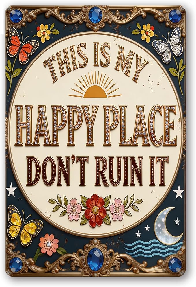 Funny Garden Signs, This is My Happy Place 2D Flat Vintage Garden Decor, Outdoor Wall Decor for Patio Yard Greenhouse Home, Waterproof Garden Gifts 8x12 Inch
