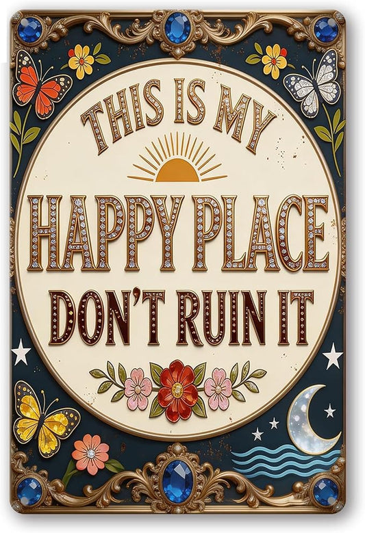 Funny Garden Signs, This is My Happy Place 2D Flat Vintage Garden Decor, Outdoor Wall Decor for Patio Yard Greenhouse Home, Waterproof Garden Gifts 8x12 Inch