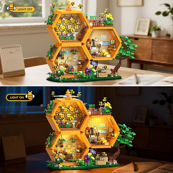 INSOON Bee Farm House Building Set with Light, 1773PCS Honey Cabin Building Block Toy with Flower Botanical Animals, Home Decor Treehouse Construction Model Kit, Gift for for Adults Boys Girls 12+
