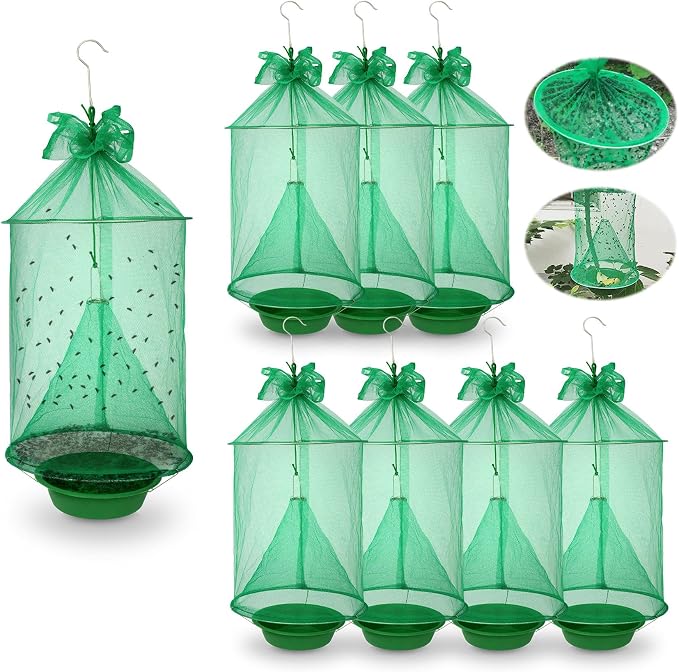 8 Pack Reusable Ranch Fly Trap Hanging, Fly Traps Outdoor Fly Catcher Killer Hunter Cage Control, Farm Horse Stable Fly Trap for Orchard, Barn, Garden
