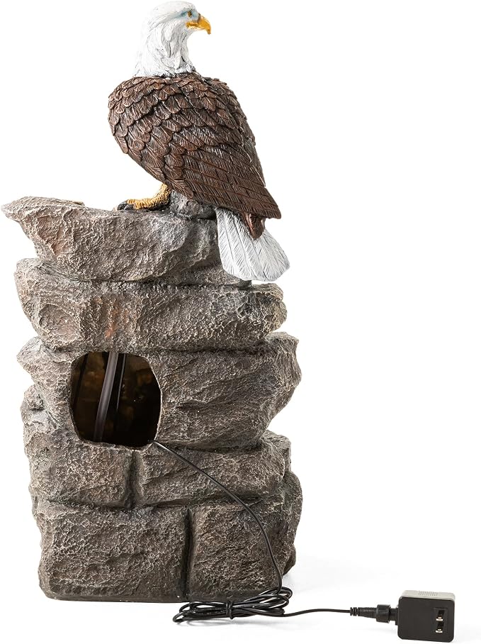 Glitzhome Outdoor Water Fountain with Lights, 4-Tiered Eagel Outdoor Fountain, 25.25" H Polyresin Decorative Waterfall Feature Garden Fountain with Pump for Garden, Patio, Yard, Deck, Porch Decor
