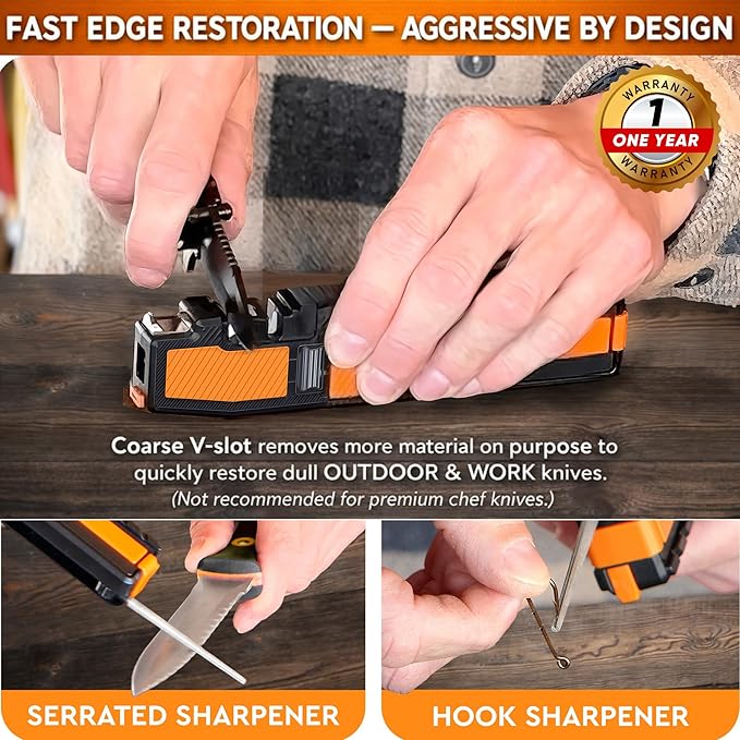 Orange Ninja Pocket Field Knife Sharpener – 8-in-1 Camping & Hunting EDC Knife Sharpener with Guided Diamond Whetstones, Leather Strop, Fire Starter & Diamond Rod
