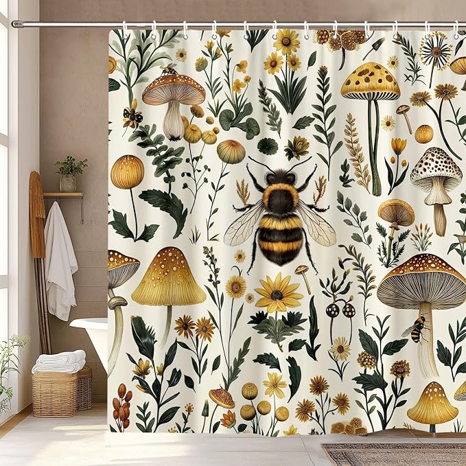 Rustic Boho Mushroom Shower Curtain, Vintage Chic Bee Mushroom Botanical Floral Farmhouse Cottagecore Aesthetic Shower Curtain Set with Hook, Fairy Witchy Plant Shower Curtain for Bathroom 72X72 Beige