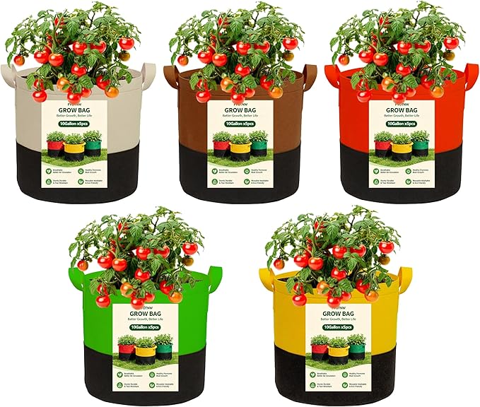 5-Pack 10 Gallon Grow Bags,Two-Tone Patchwork Planting Bags, 350G Thick Breathable Fabric Plant Pots, Reusable Planter Bags with Drainage Holes for Garden Vegetables Fruits Planting