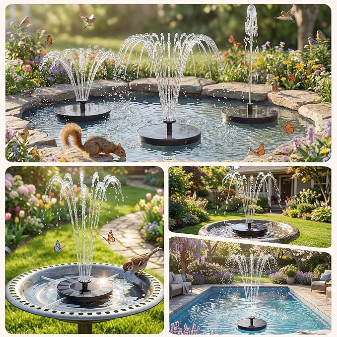 AMZtime 1.4W Solar Fountain with 4 Fixed Rods, 2026 Solar Fountain Pump with Upgraded Solar Panels, Solar Powered Floating Water Fountain Pump for Bird Bath, Garden, Ponds, Fish Tank and Outdoor