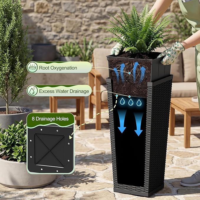 Devoko Resin Tall Planters for Outdoor Plants Set of 2, Large Taper Outdoor Planter Pots with 4 Drainage Holes, Flower Pots Modern Decor for Porch, Patio, Backyard, Home Garden (Black, 30'')