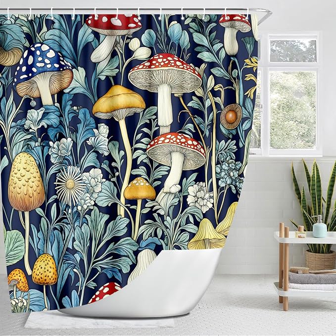 Rustic Boho Mushroom Shower Curtain, Vintage Chic Dark Mushroom Botanical Floral Farmhouse Cottagecore Aesthetic Shower Curtains with Hooks, Fairy Witchy Plant Shower Curtain for Bathroom 72X72,Blue