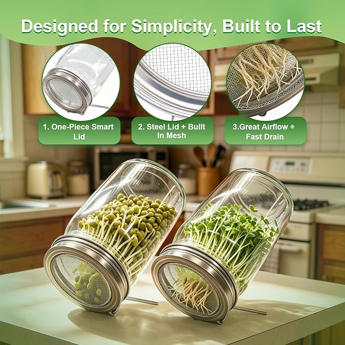 2 Pack DnerLery Sprouting Lids for Wide Mouth Mason Jars, Stainless Steel Fine Mesh Lids Only, Fit Mason Jars for Broccoli, Alfalfa, Mung Bean & Microgreens, No Jars, Germination Kits