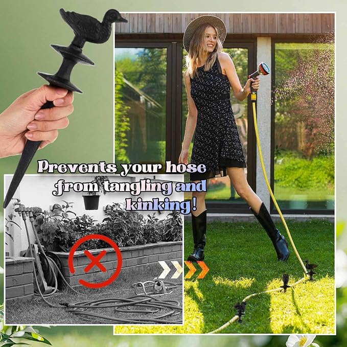 Tandefio 3 Pcs Animals Garden Hose Guide Stakes, Owls Squirrels Ducks Heavy Duty Decorative Antique Black Cast Iron Metal Hose Guides, Plant Protector for Lawn Yard Flower Bed