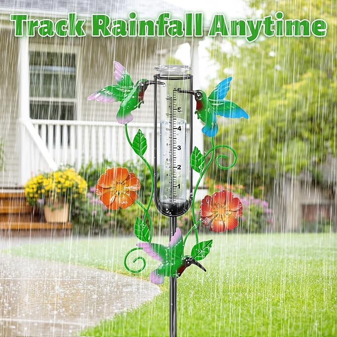 35.4” Hummingbird Rain Gauge Outdoor, Metal Rain Gauges Stake with 6“ Glass Tube, Decorative Rain Gauges for Yard Garden Lawn for Precipitation Measurement