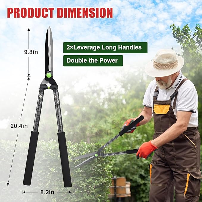 Sharp Hedge Clippers Shears Clean Cuts - 2×Leverage Long Handles for Effortless Trimming,Teflon Coated Anti-Slip Cutting Wavy Blades,Lightweight Hedges Shears for Gardening Yard Shaping Shrubs Bush