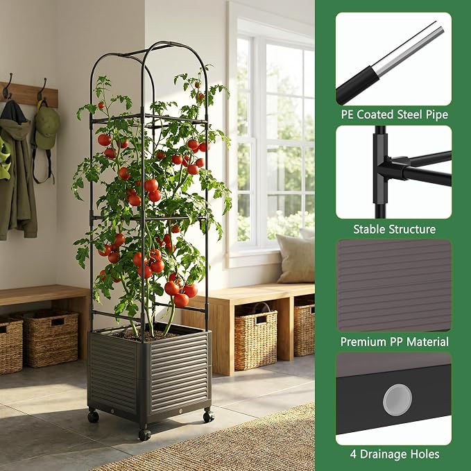 Raised Garden Bed Planter Box with Trellis, 61''H Tomato Planters for Climbing Plants Vegetable Vine Flowers Outdoor Patio Tomato Cage, Self Watering Planter with Wheels