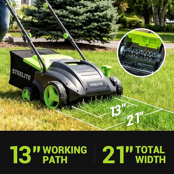STEELITE 13-Inch 2-in-1 Electric Dethatcher & Scarifier, 8-Gallon Removable Collection Bag, 4-Position Height Adjustment, Powerful 12-Amp Motor for Healthier Lawns