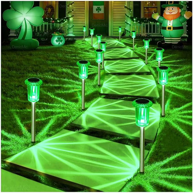 DenicMic Solar Lights Outdoor 10 Pack Waterproof Outside Lights for Yard Pathway Garden Driveway Walkway Landscape Path Lighting Green LED Stainless Steel Stake Halloween Decor