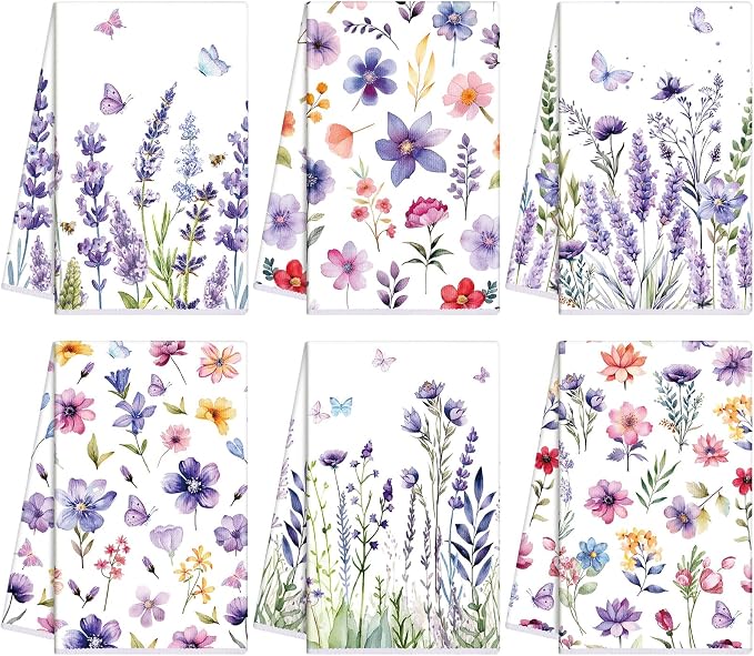 Oudain 6 Pcs Lavender Summer Kitchen Towel Set Decor Purple Floral Hand Dish Towels Decorative 18x24 Inch Wildflower Butterfly Tea Cloths for Housewife Gift Summer Holiday Bathroom Kitchen Accessories