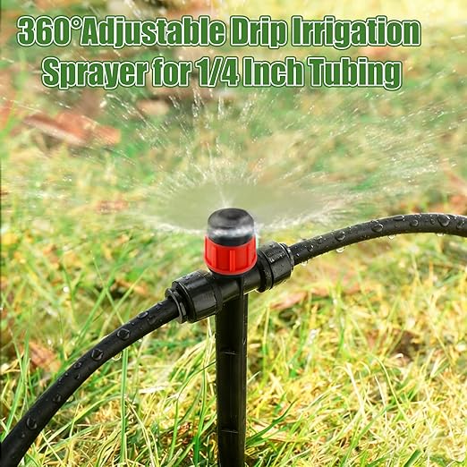 Kalolary Drip Irrigation Emitters, 30pcs Adjustable 360 Degree Water Flow Emitters for 1/4" Tubing, Two-Way Connection Irrigation Drippers for Garden, Lawn, and Greenhouse Watering Systems(Red)