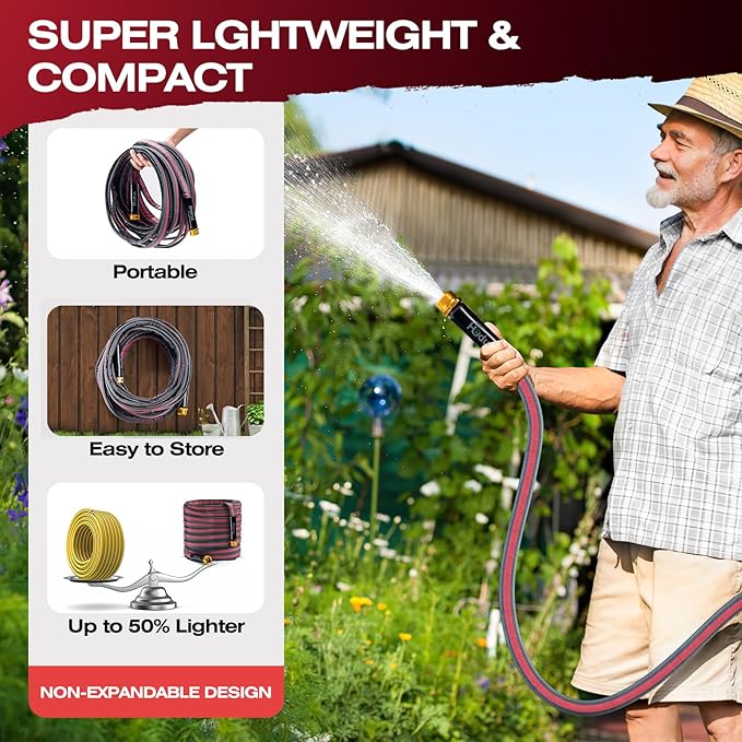 Flexible & Lightweight Garden Hose - 2026 Upgrade Non-Expanding Hose with Latex Core, Heavy-Duty & Kink-Free Design for High Pressure - Outdoor Yard, RV, Car Washing (Gray/Red, 15 FT)