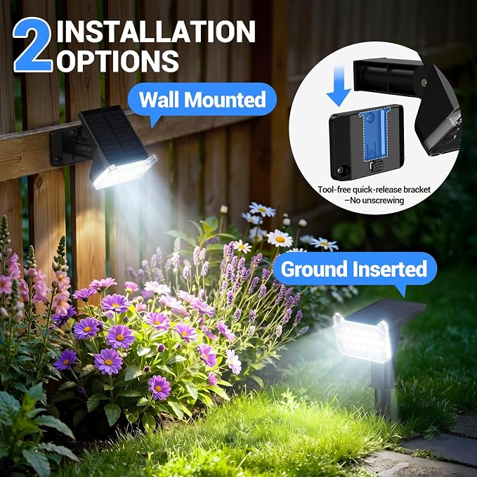 Solar Spot Lights Outdoor Waterproof IP65, Super Bright LEDs with Lens, 6500K 2 Lighting Modes, 2 in 1 Auto On/Off Solar Powered Spotlights for Outside Landscape Holiday Decor, 6 Pack