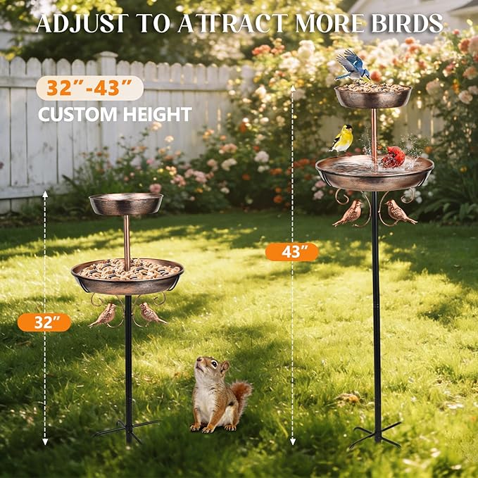 43" 2-Tier Metal Bird Bath and Feeder for Outdoor, 12" and 8" Dia Double Removable Bowl Bird Baths for Outside Standing Vintage Birdbath with Two Bowl Feeder, Garden Patio Lawn Decor