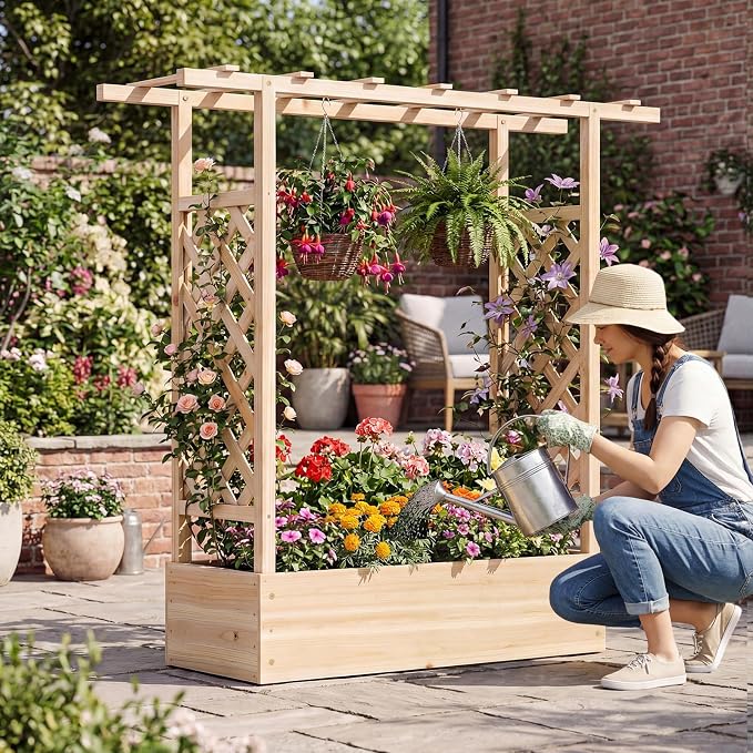 Giantex Wooden Raised Garden Bed with Trellis & Hanging Roof, 2 Pack Fir Wood Planter Box, 45" Freestanding Elevated Garden Bed for Outdoor Climbing Plants Vegetables Flowers, Patio & Balcony, Natural