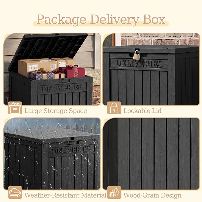 Outdoor Storage Box, 65 Gallon Package Delivery Boxes for Outside, with Lockable Secure, Deck Box Outdoor Waterproof for Entryway, Front Porch, Backyard, Garden, Patio, Lawn, Black