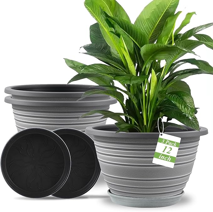 KPUVX Large-Planter-Indoor-Outdoor Plant Pots, 12 inch 3 Pack Plastic Flower Pots with Saucer and Drainage Holes, Retro Antique Imitation Decorative Garden Containers Sets for Houseplant