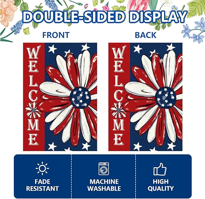 4th of July Garden Flag 12x18 Inch Double Sided, Patriotic Memorial Day Floral Flag for Yard Outdoor Decoration