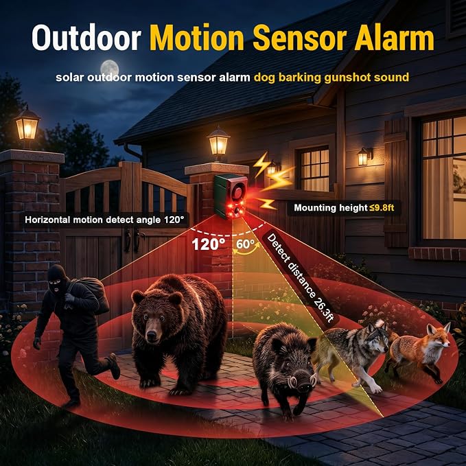 ChunHee Solar Outdoor Motion Sensor Alarm with Dog Barking Gunshot Sound, Support Recording and Adjustable Volume, 130db Loud Noise Maker 3 Work Modes Strobe Light for Home, Villa, Farm, Barn (2pack)