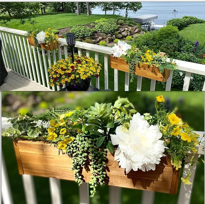 Patio Wise Acacia Wood Railing Planter Box, Outdoor Hanging Flower, Plant, & Herb Boxes, 20-Inch Wide x 5-Inch Tall x 4.5-Inch Deep Rectangular Porch, Deck, & Balcony Planters, Teak Color