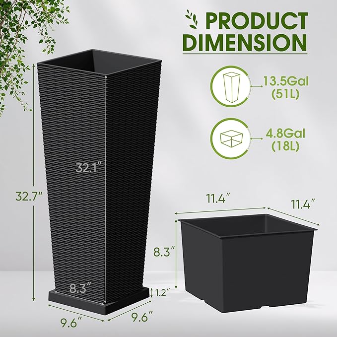 Devoko Resin Tall Planters for Outdoor Plants Set of 2, Large Taper Outdoor Planter Pots with 4 Drainage Holes, Flower Pots Modern Decor for Porch, Patio, Backyard, Garden(Black, 32" with Trays)