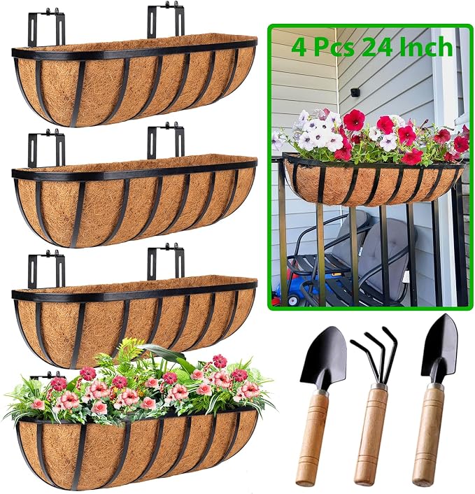 HKZ Deck Balcony Railing Planter Window Boxes - 4 Pack 24 Inch Planter Box, Balcony Planters Railing Hanging, Window Boxes Outdoor Fence Planters
