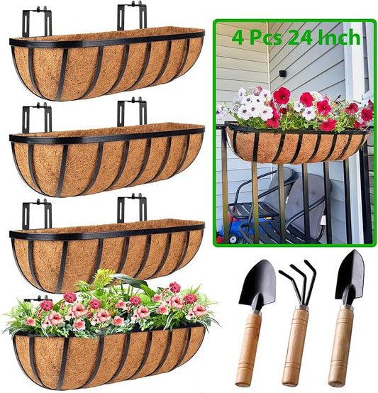 HKZ Deck Balcony Railing Planter Window Boxes - 4 Pack 24 Inch Planter Box, Balcony Planters Railing Hanging, Window Boxes Outdoor Fence Planters