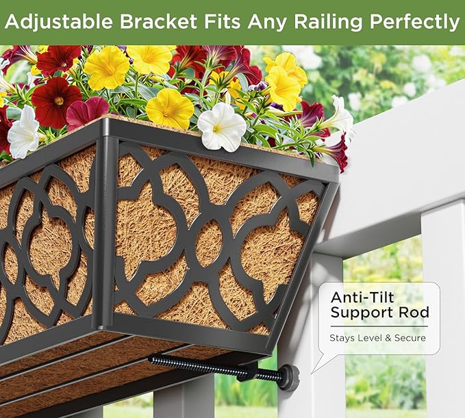 2 Pack 30 Inch Railing Planter Box with Coco Liner, Adjustable Metal Window Box Planter for Balcony Deck Fence, Hanging Flower Basket for Outdoor Garden, Black
