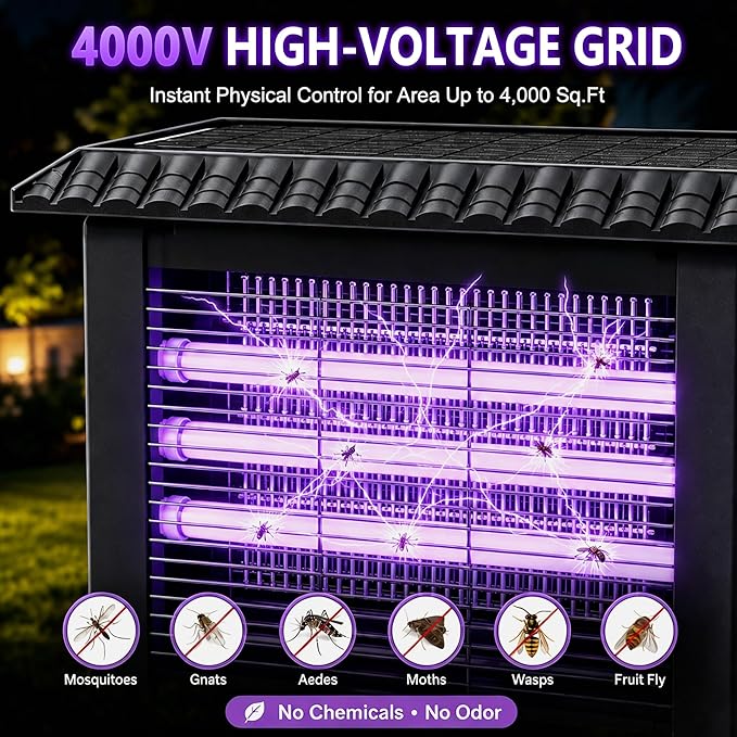 KING&DUKE Solar Bug Zapper Outdoor, 4000V Mosquito Zapper, Smart Rain Sensor, 2-in-1 Insect Trap and Patio Light for Yard Patio Camping
