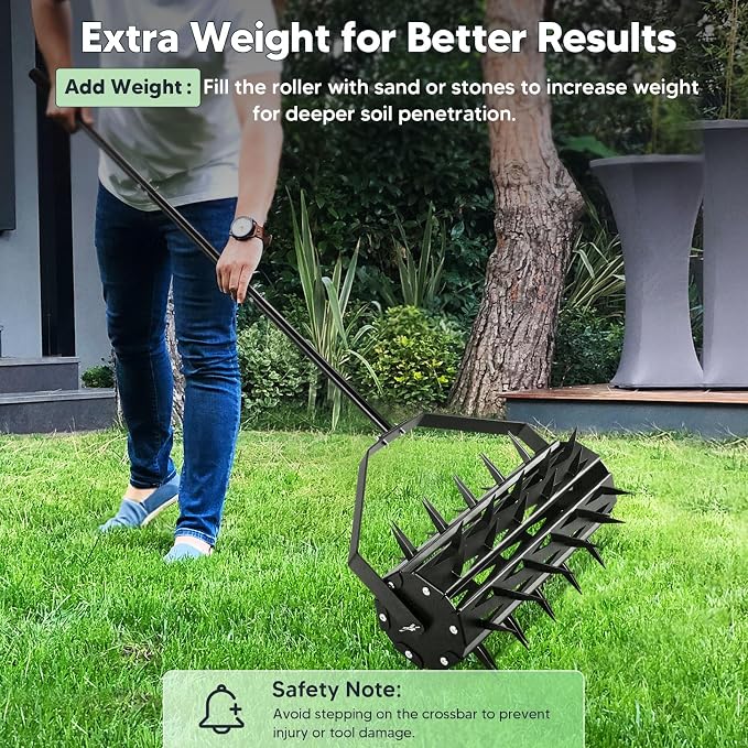 Rolling Lawn Aerator, Rotary Spike Lawn Aerator, Heavy Duty Manual Aerator Lawn Tool, 17-Inch Push Spike Aerator Roller with Adjustable Steel Handle for Garden, Lawns, Patio and Yard Grass Aeration