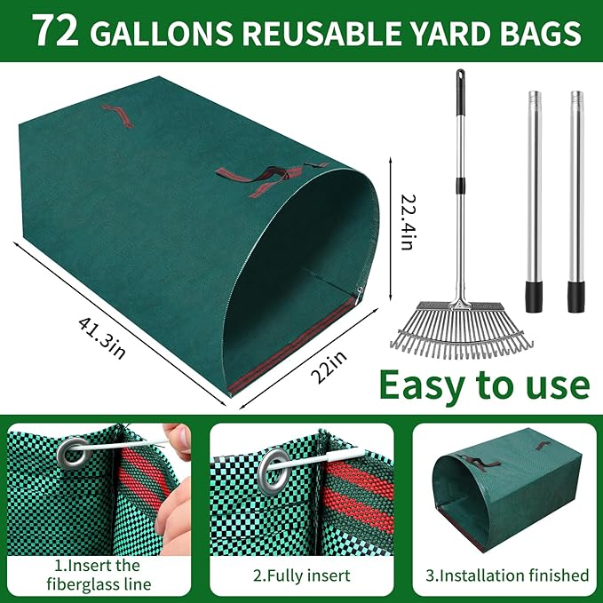 72 Gallon Leaf Rake Set with Dustpan-Type Bag - Heavy Duty Garden Rake for Leaves, 18" Wide 25 Tines Adjustable Handle, Protective Gloves for Lawn, Yard & Garden Cleanup